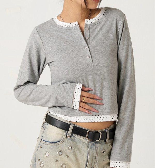  「【WEB限定カラーあり/ドット柄】レイヤードヘンリートップス」|Tシャツ・カットソー|