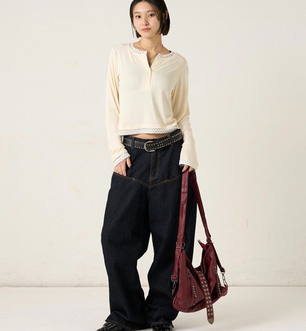  「【WEB限定カラーあり/ドット柄】レイヤードヘンリートップス」|Tシャツ・カットソー|