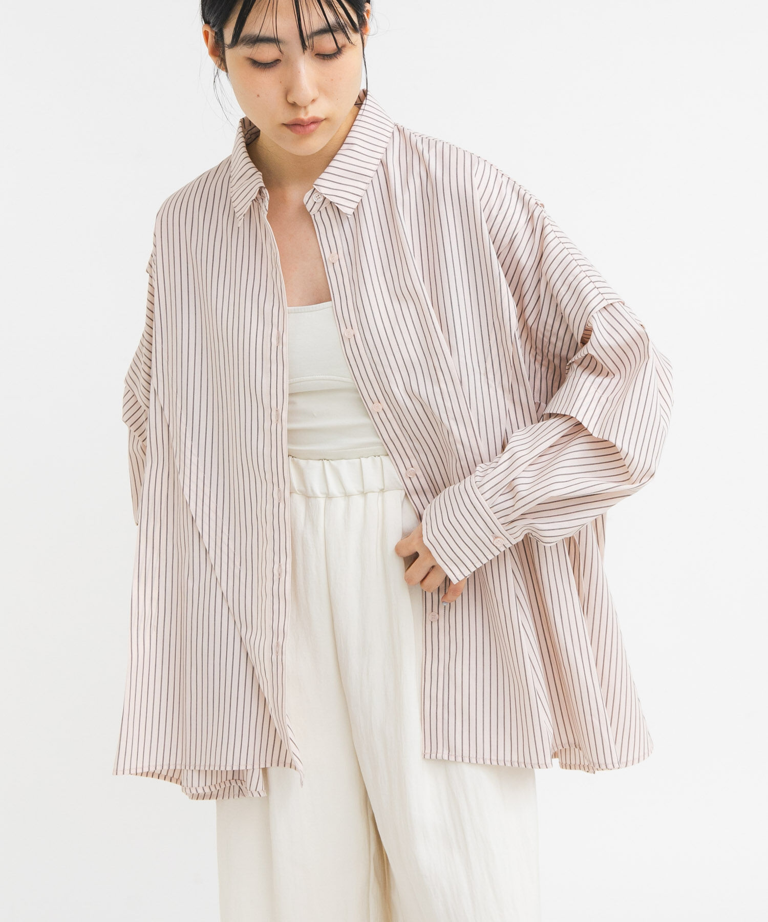  「ランダムタックデザインストライプシャツ」|シャツ・ブラウス|ピンク系その他