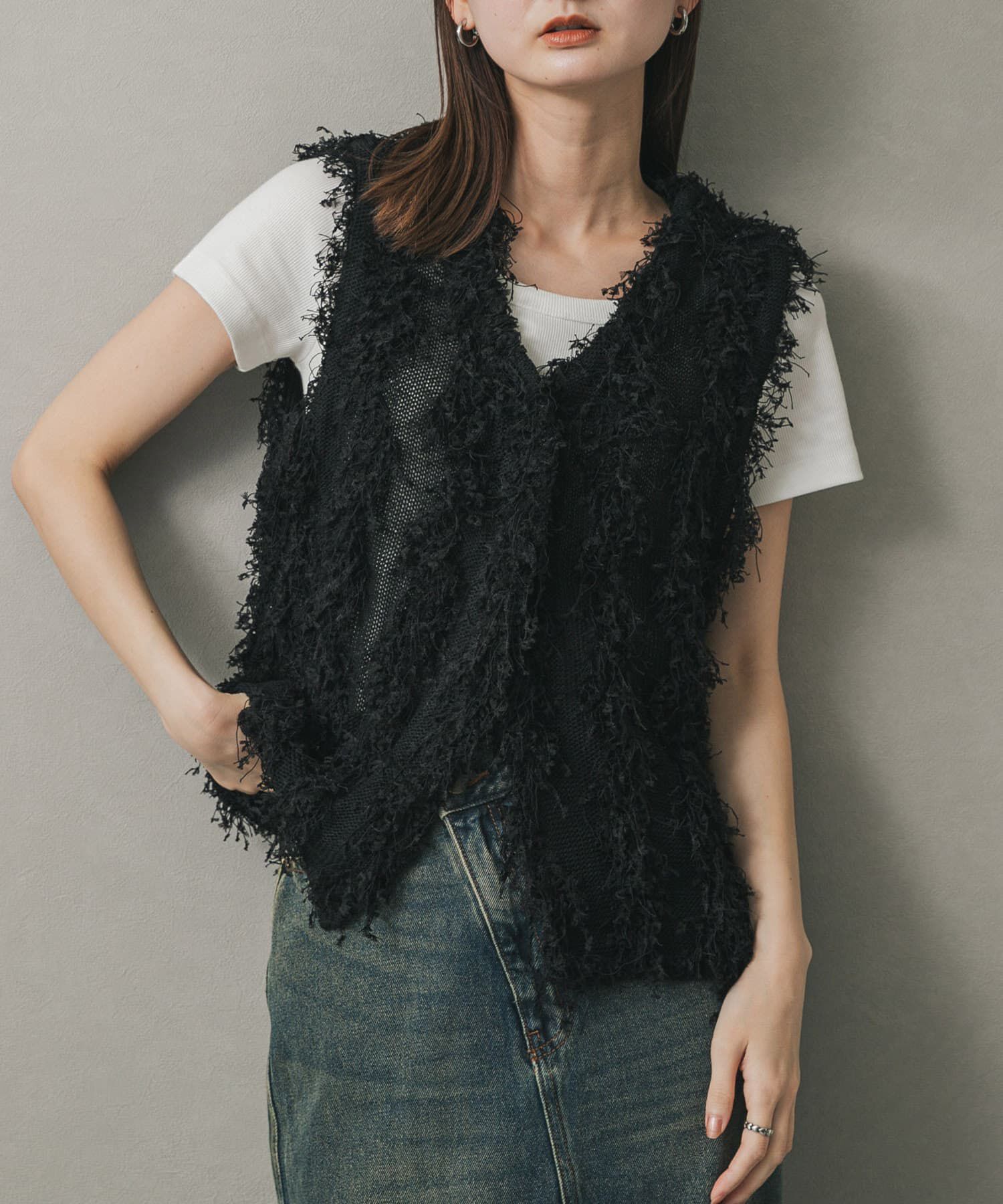 SENSE OF PLACE by URBAN RESEARCH「コードチュールフリンジベスト」|ベスト・ジレ|ブラック