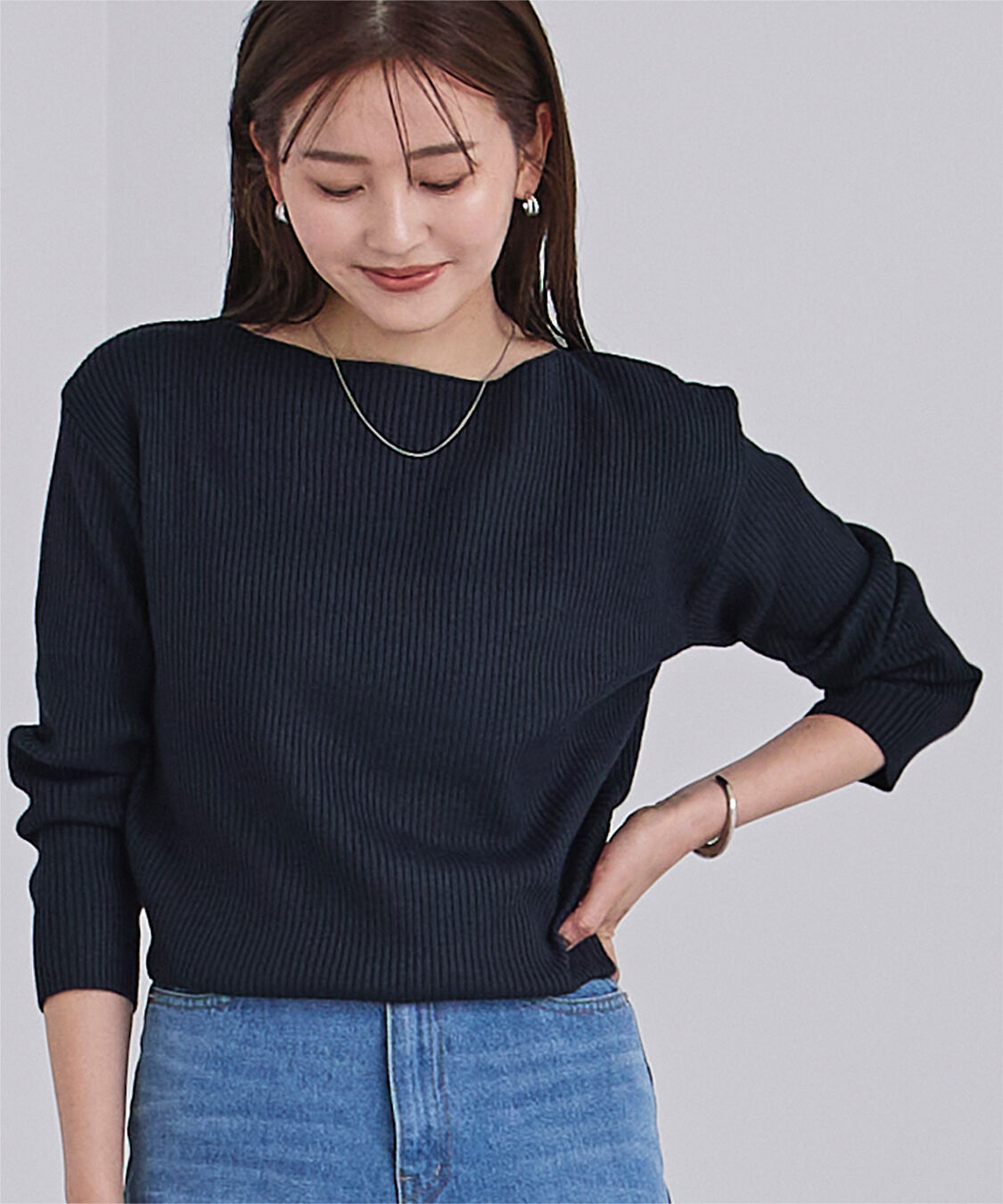 ur's「ボートネックドロップショルダーリブニット」|ニット・セーター|ネイビー