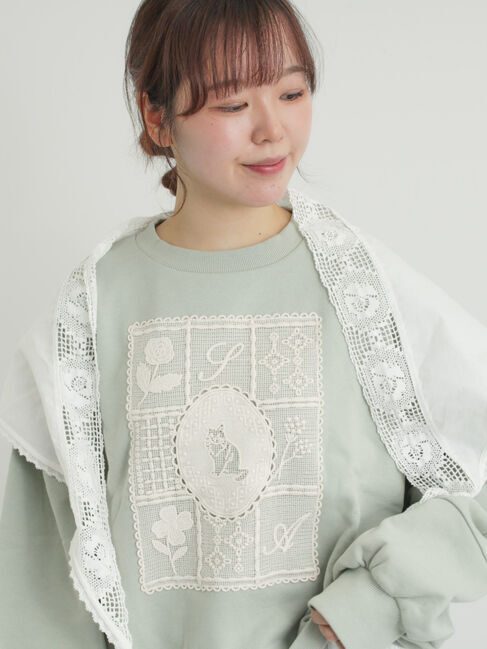 Samansa Mos2「裏毛CAT柄パーツレース付スウェット」|Tシャツ・カットソー|ミント
