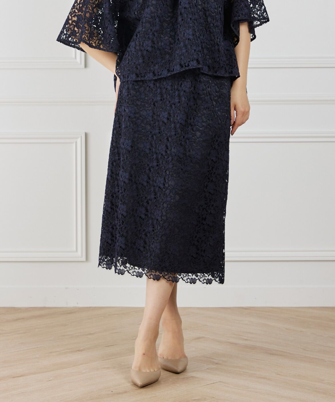 7-IDconcept.「レースセミタイトスカート」|タイト|ネイビー