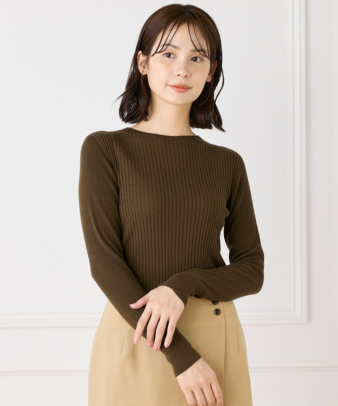 INED「《大きいサイズ》ホールガーメントクルーネックリブニット《Cuoo》」|ニット・セーター|ダークブラウ 4