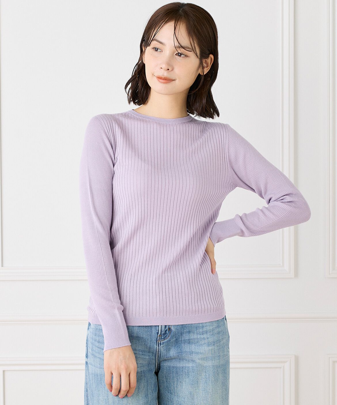 INED「《大きいサイズ》ホールガーメントクルーネックリブニット《Cuoo》」|ニット・セーター|ラベンダー7