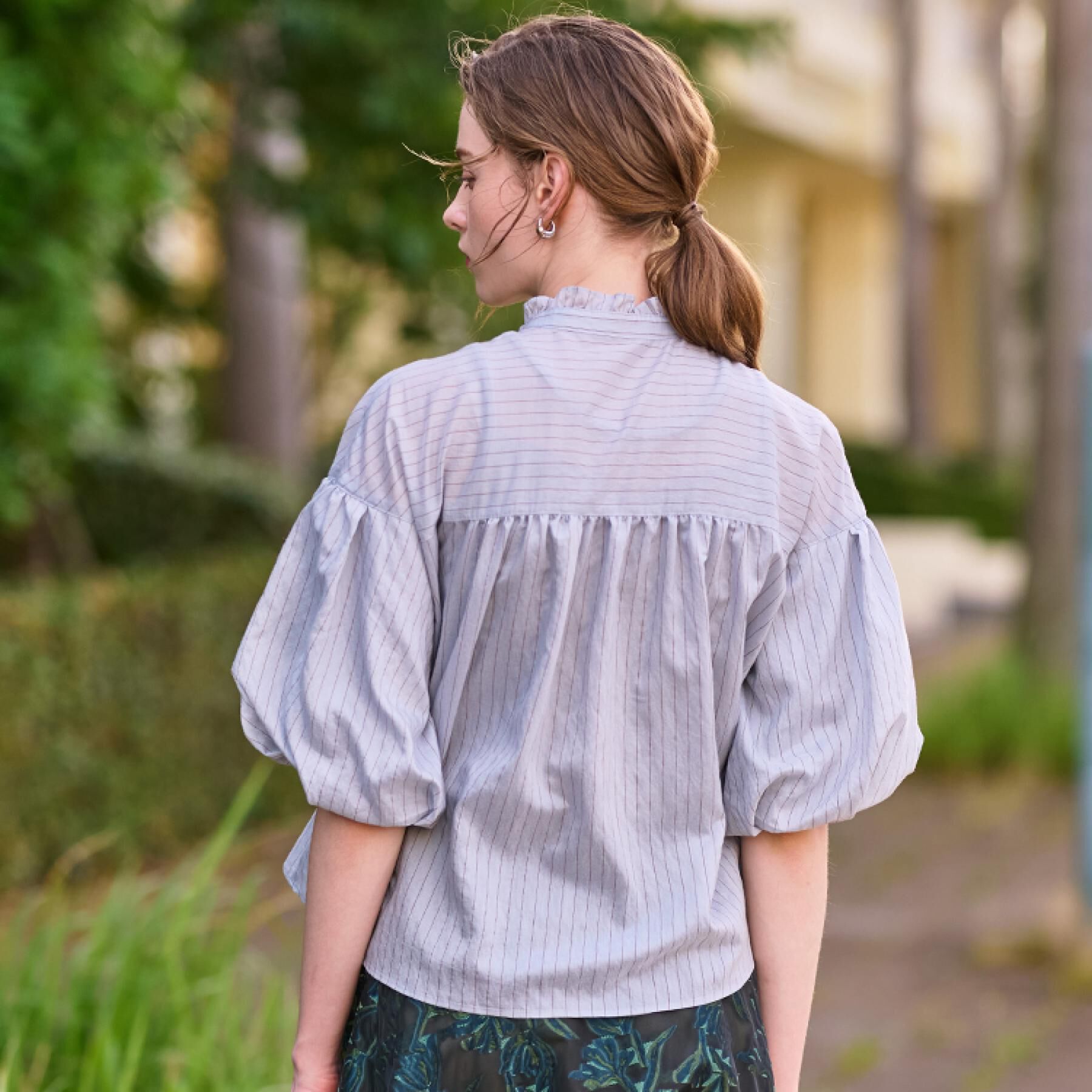 DRESSTERIOR「【洗える/前開き】ボリュームスリーブストライプブラウス」|シャツ・ブラウス|