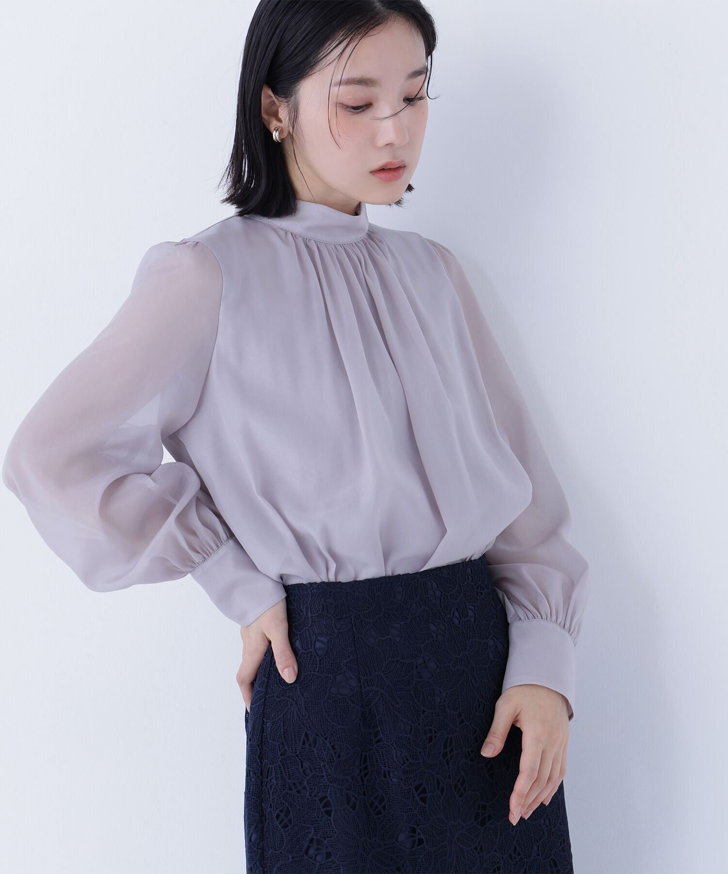  「ハイネックボリュームシアーブラウス」|シャツ・ブラウス|
