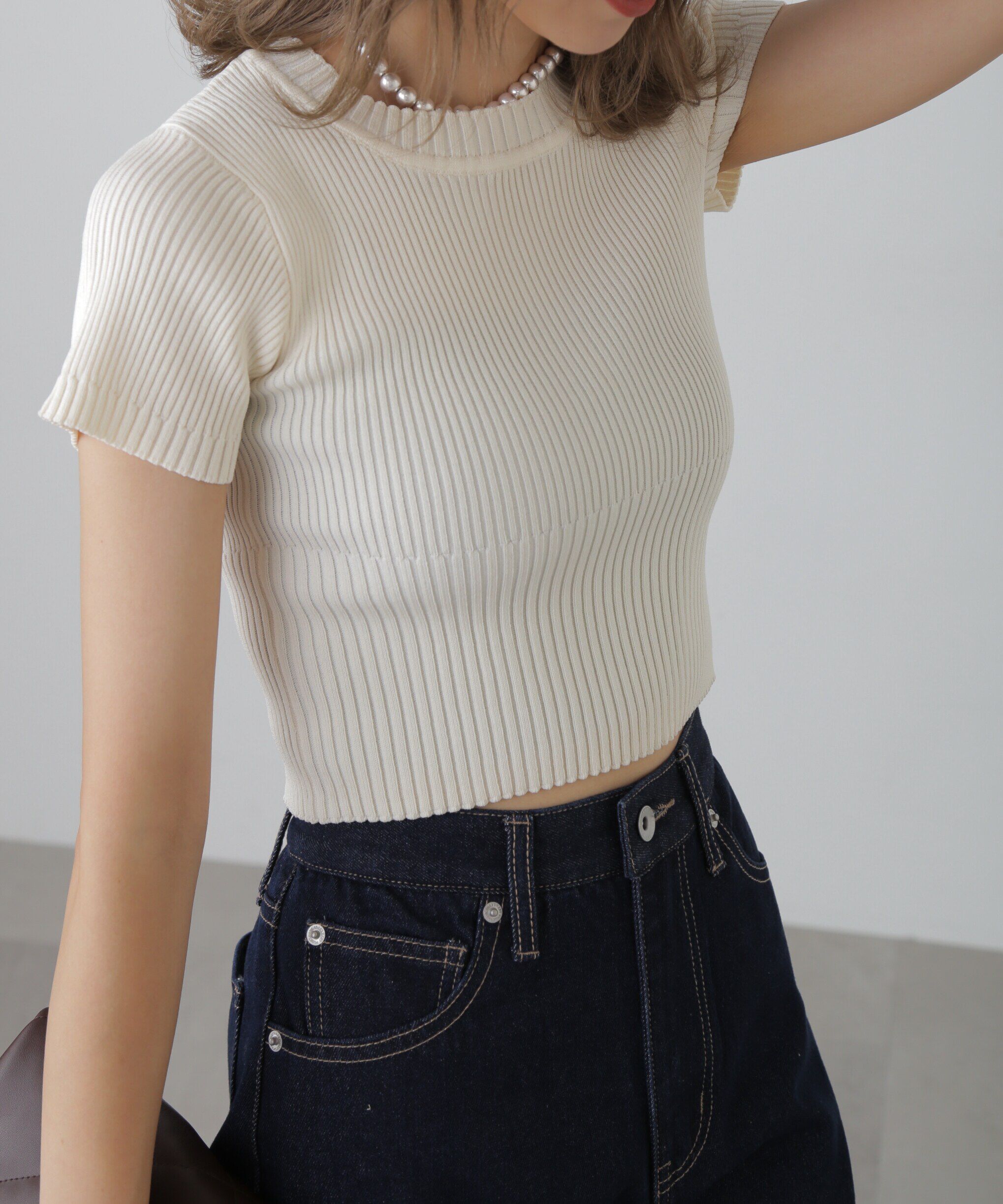  「ショート丈クルーネックリブニット」|ニット・セーター|