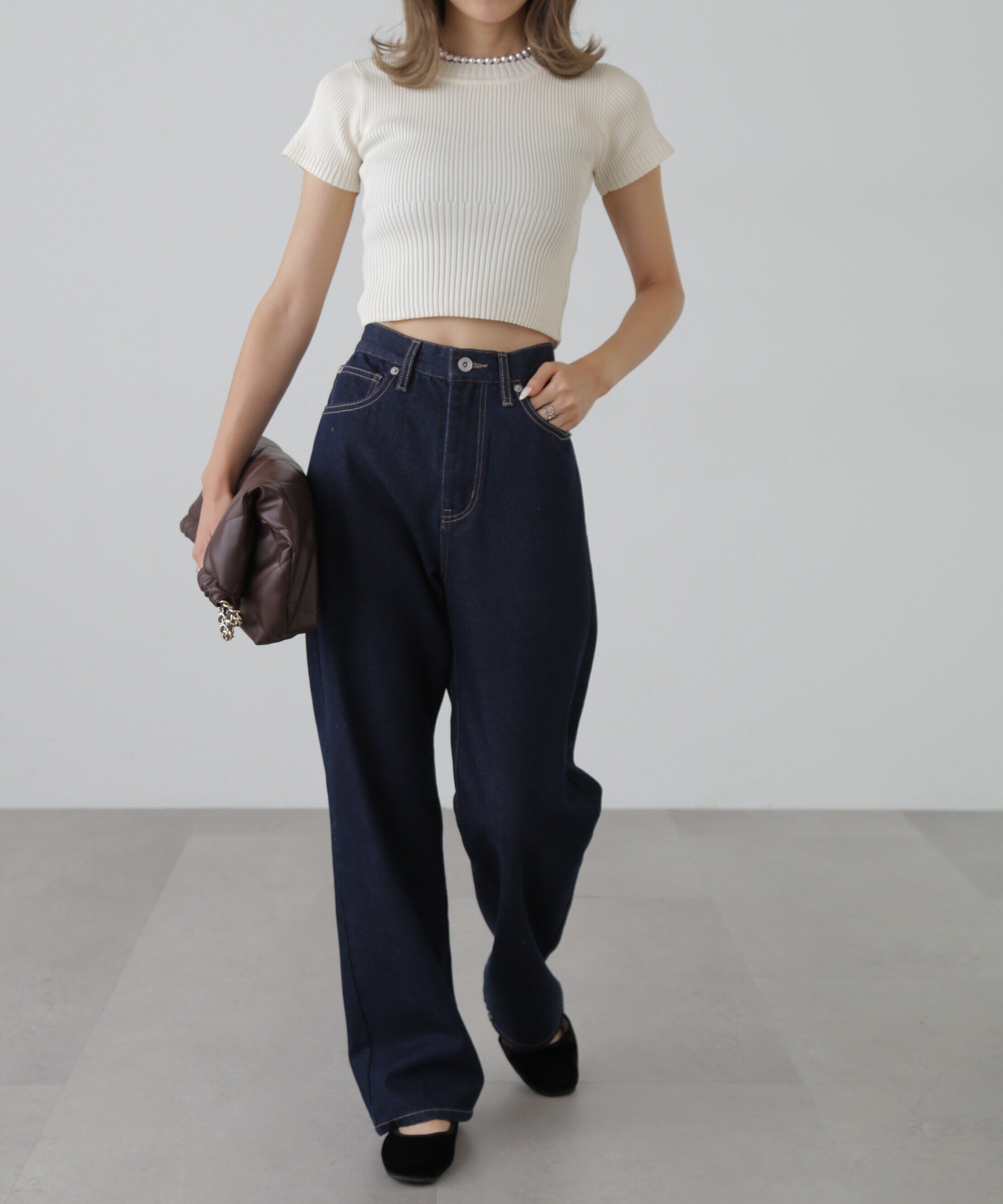  「ショート丈クルーネックリブニット」|ニット・セーター|