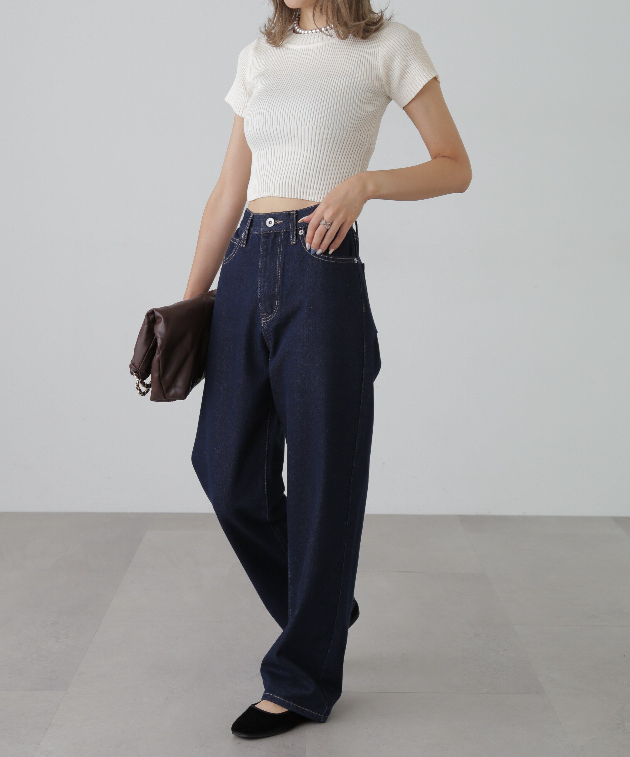  「ショート丈クルーネックリブニット」|ニット・セーター|