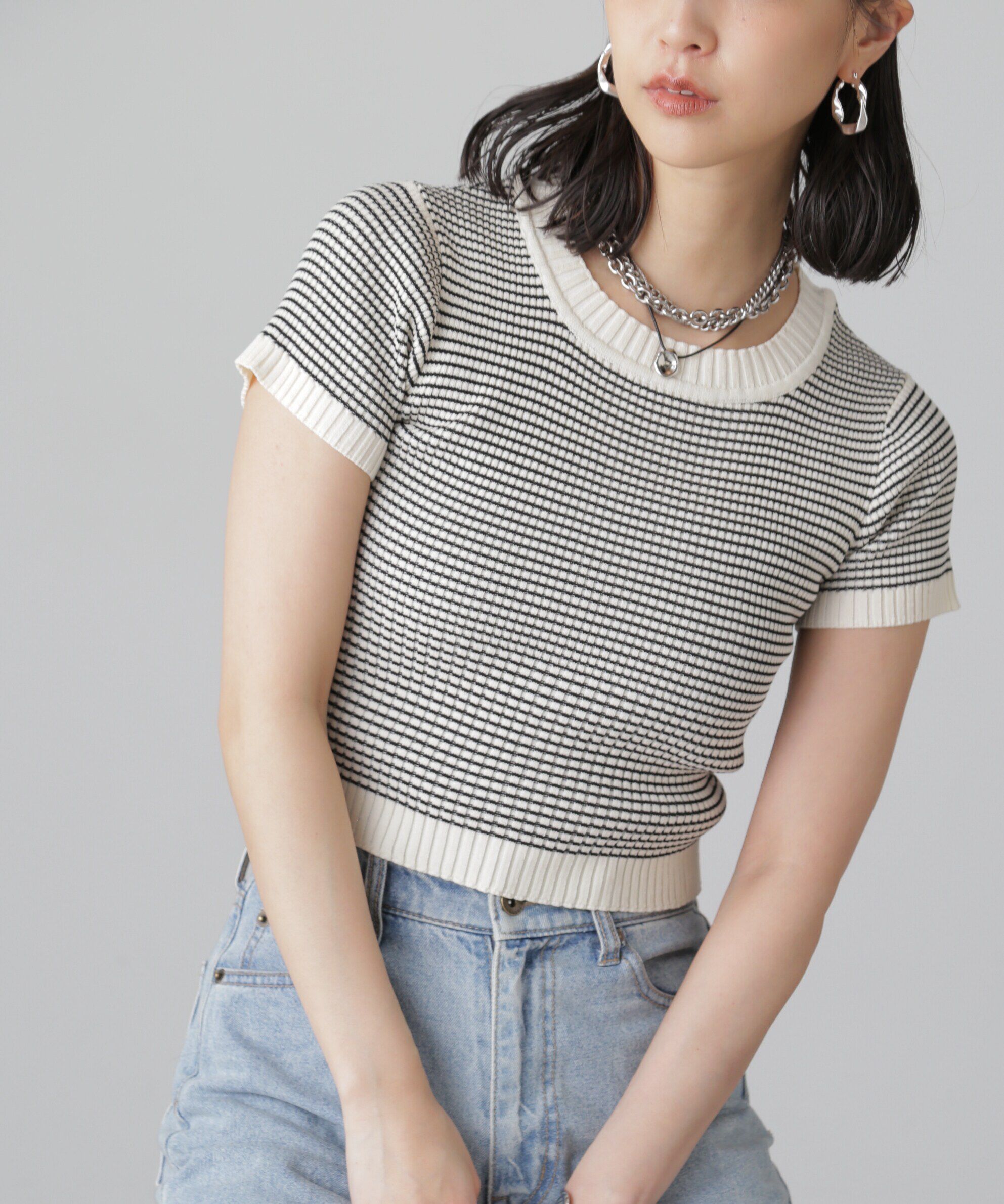  「ショート丈クルーネックリブニット」|ニット・セーター|