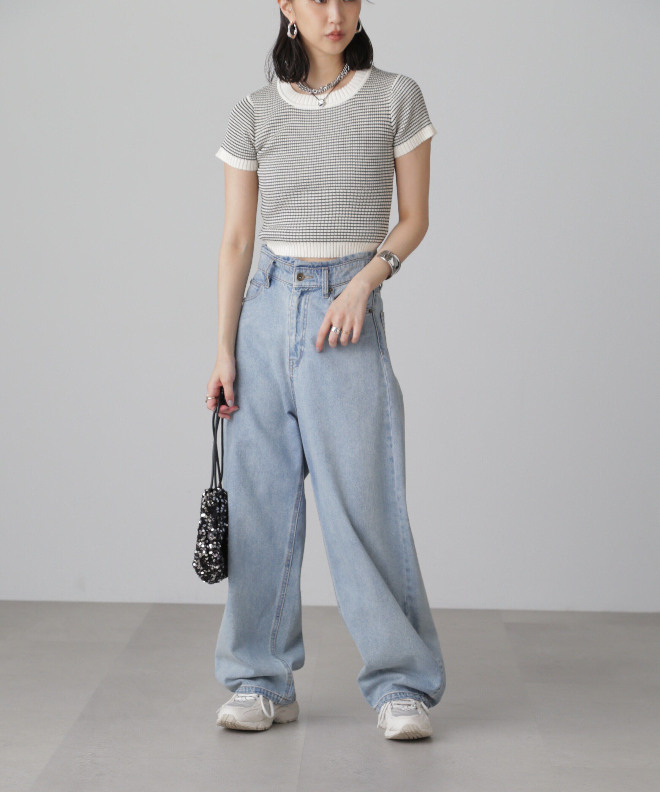  「ショート丈クルーネックリブニット」|ニット・セーター|