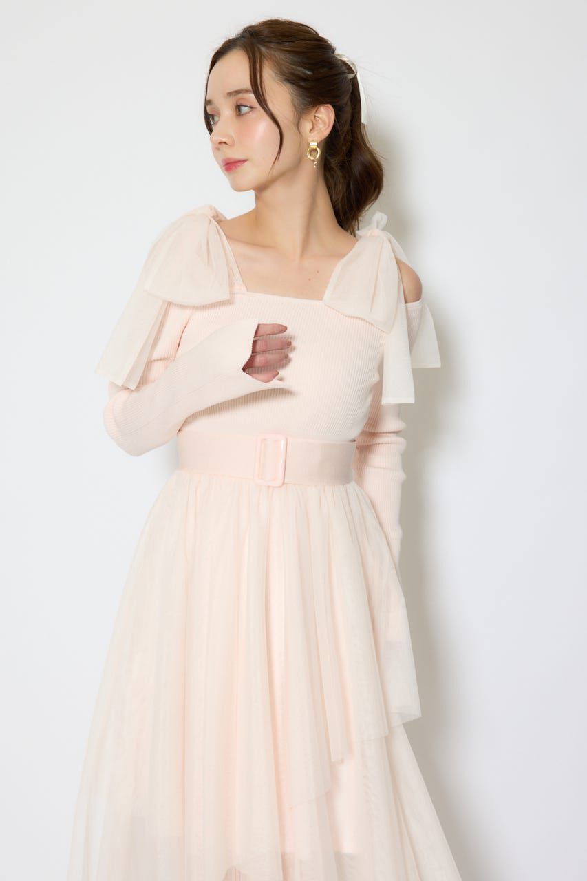 rienda「ショルダーリボンチュールニットワンピース」|ワンピース|