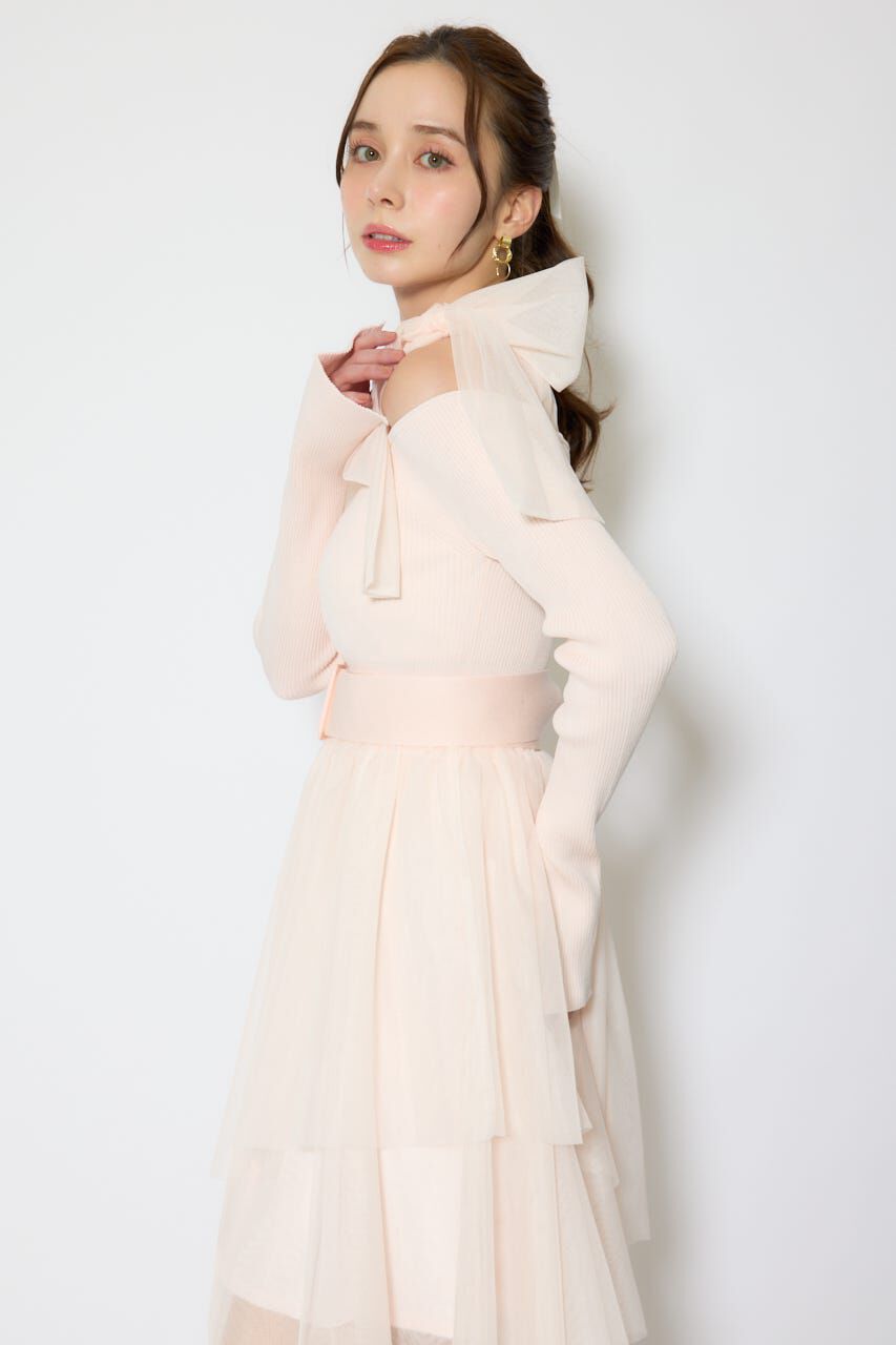 rienda「ショルダーリボンチュールニットワンピース」|ワンピース|