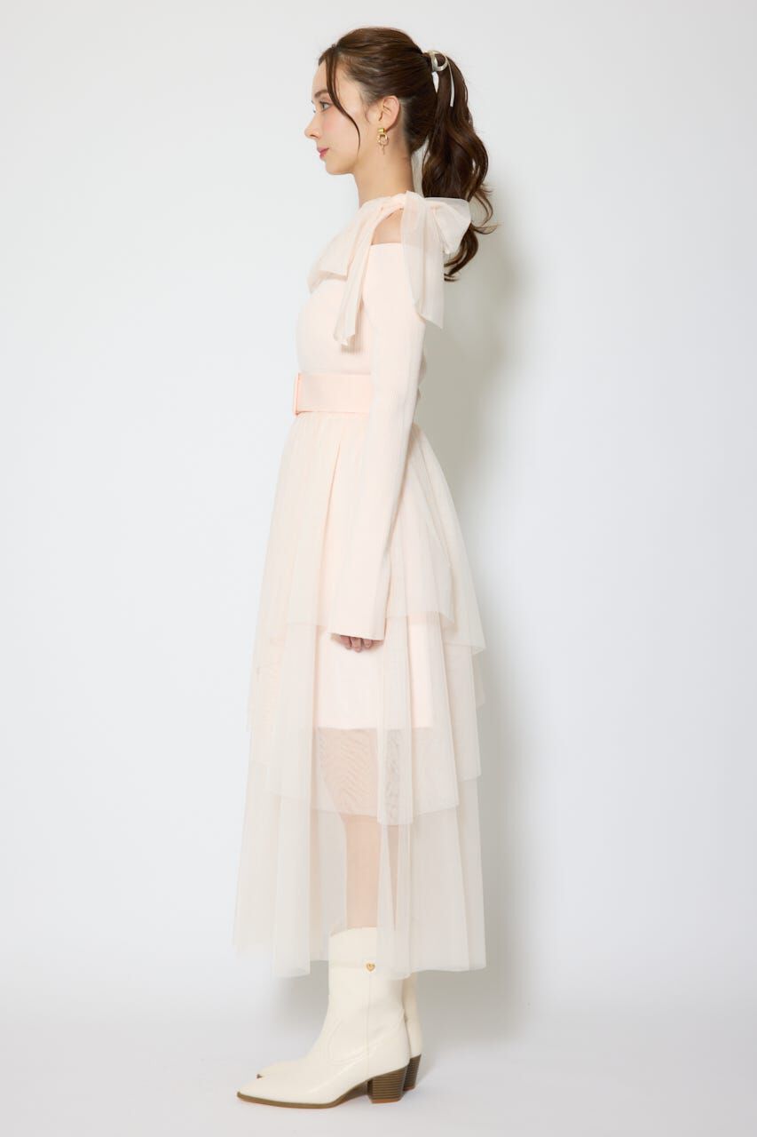 rienda「ショルダーリボンチュールニットワンピース」|ワンピース|