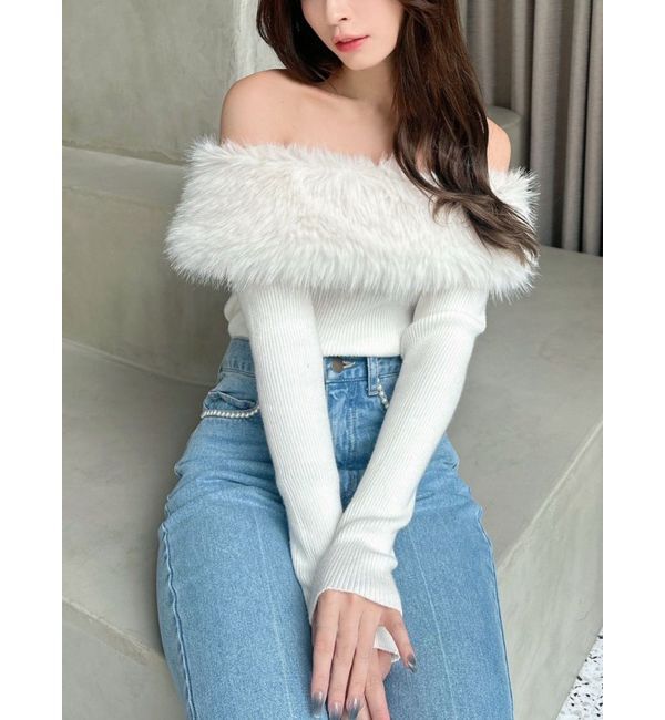 RESEXXY「フェイクファーオフショルニットトップス」|ニット・セーター|