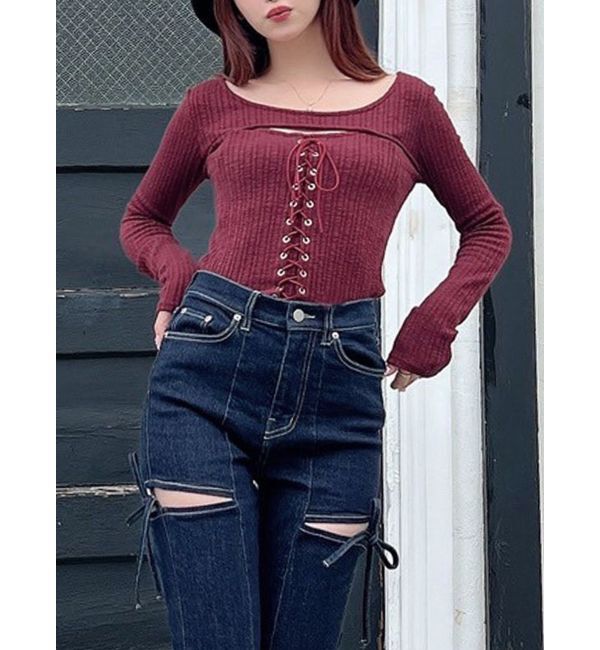 RESEXXY「フロントレースアップカットトップス」|Tシャツ・カットソー|レッド