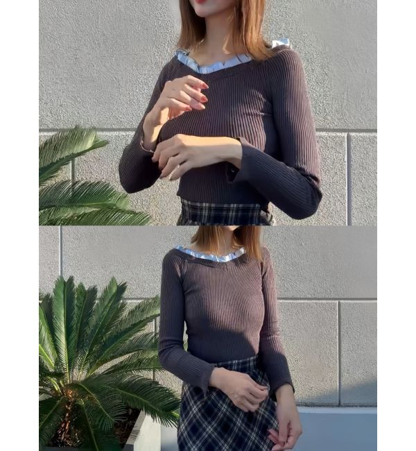 MERCURYDUO「異素材フリルオフショルリブニット」|ニット・セーター|