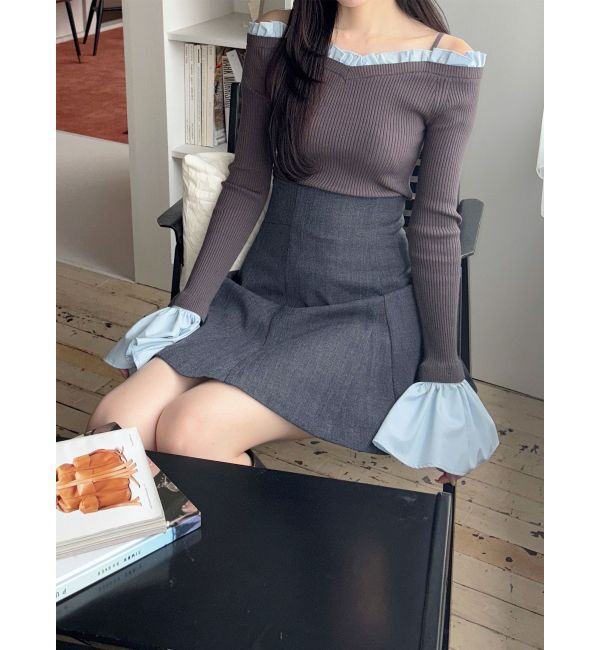 MERCURYDUO「異素材フリルオフショルリブニット」|ニット・セーター|