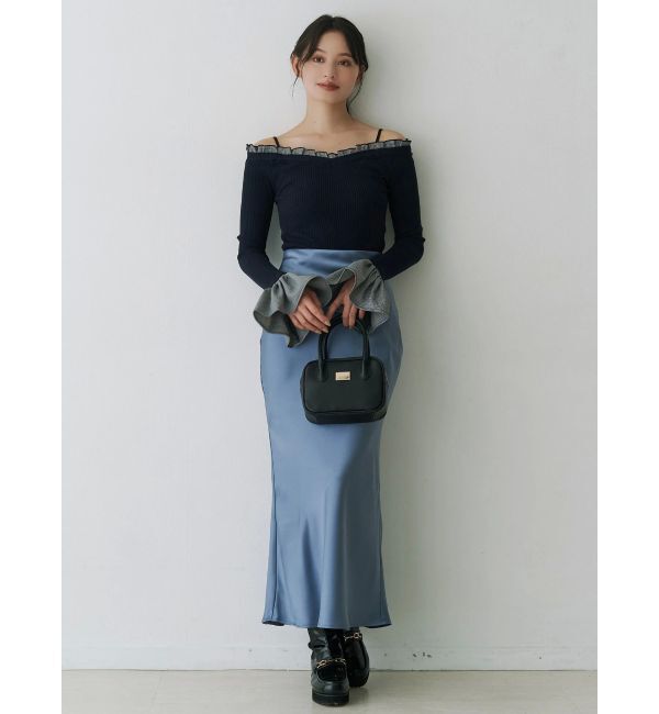 MERCURYDUO「異素材フリルオフショルリブニット」|ニット・セーター|