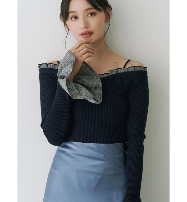 MERCURYDUO「異素材フリルオフショルリブニット」|ニット・セーター|