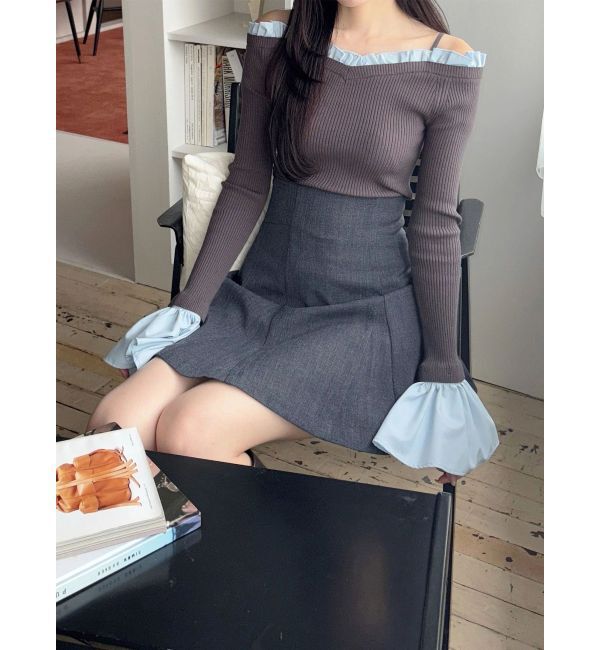 MERCURYDUO「異素材フリルオフショルリブニット」|ニット・セーター|