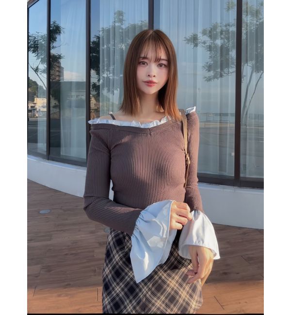 MERCURYDUO「異素材フリルオフショルリブニット」|ニット・セーター|