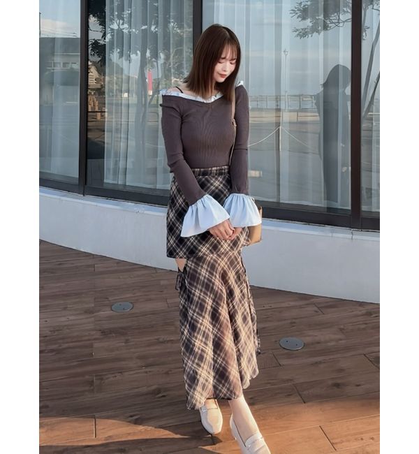 MERCURYDUO「異素材フリルオフショルリブニット」|ニット・セーター|