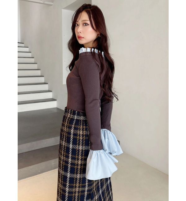 MERCURYDUO「異素材フリルオフショルリブニット」|ニット・セーター|