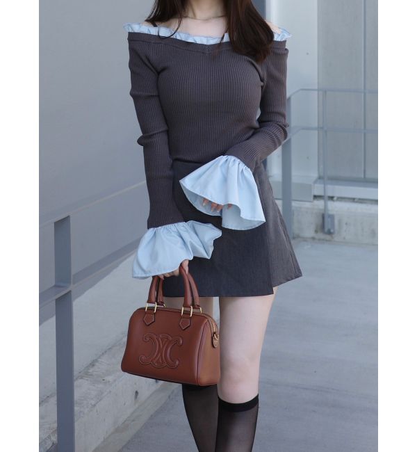 MERCURYDUO「異素材フリルオフショルリブニット」|ニット・セーター|チャコールグレー