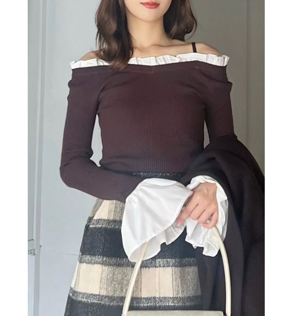 MERCURYDUO「異素材フリルオフショルリブニット」|ニット・セーター|ブラウン
