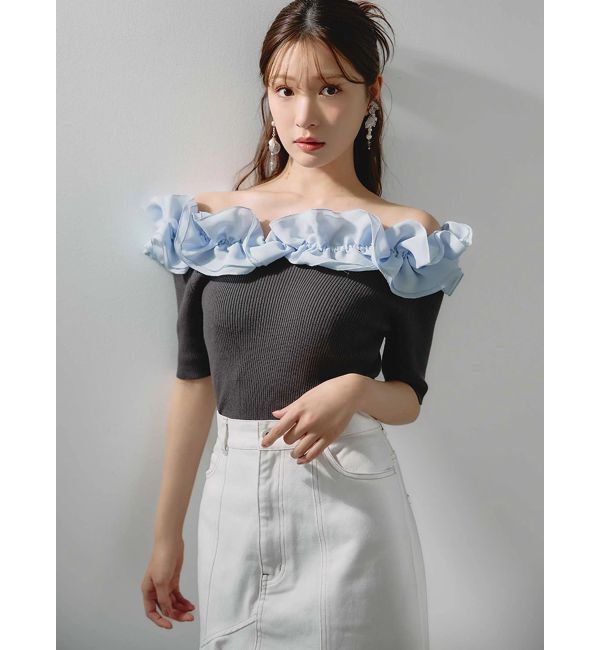 MERCURYDUO「2WAY異素材ランダムラッフルニット」|ニット・セーター|チャコールグレー