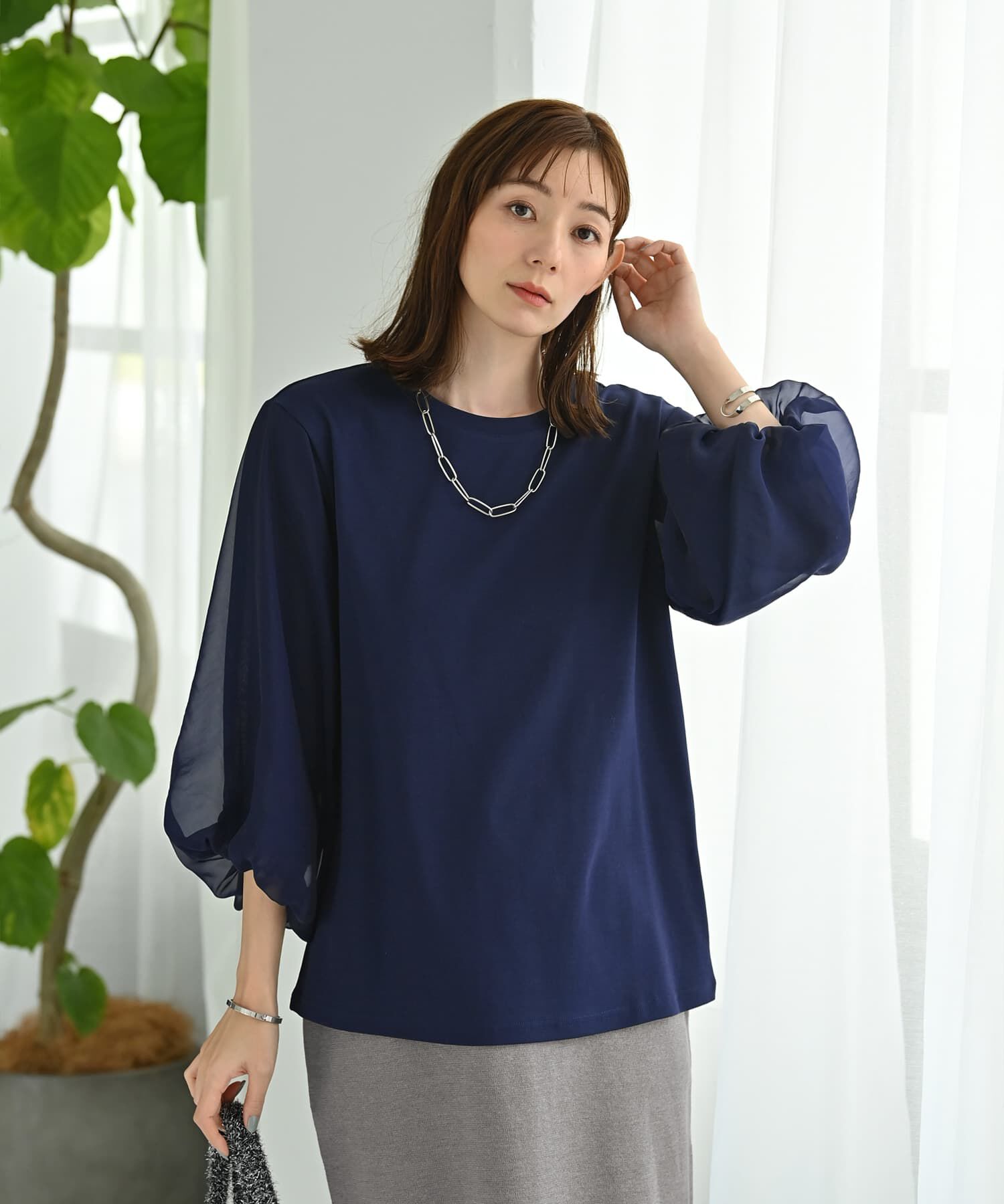 STYLE DELI「【Kana Oyama&times;BLK001】チュール袖トップス／DELI size」|Tシャツ・カットソー|ネイビー