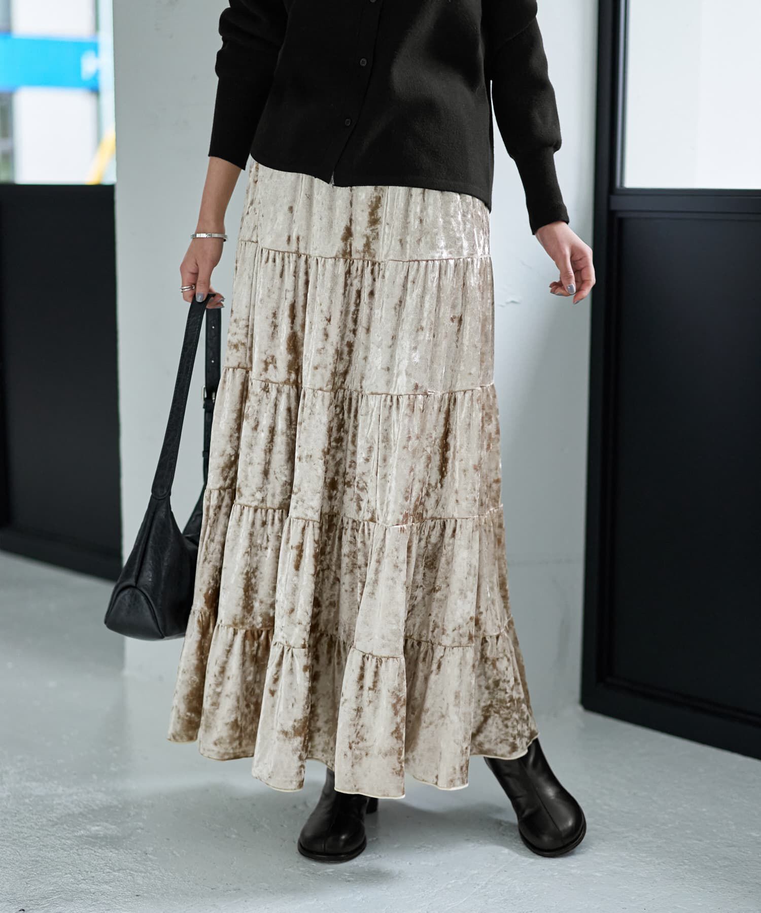 STYLE DELI「５段ティアードベロアスカート」|スカート|グレージュ