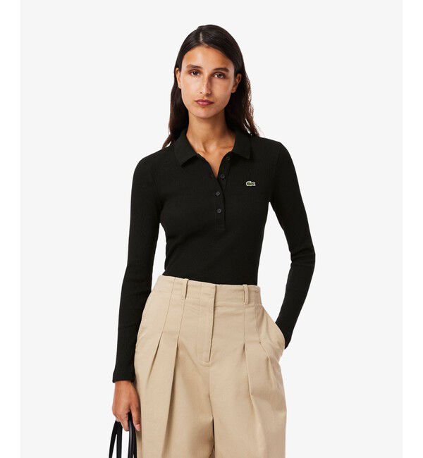 LACOSTE「スリムフィット ロングスリーブリブニットポロシャツ」|ポロシャツ|ブラック