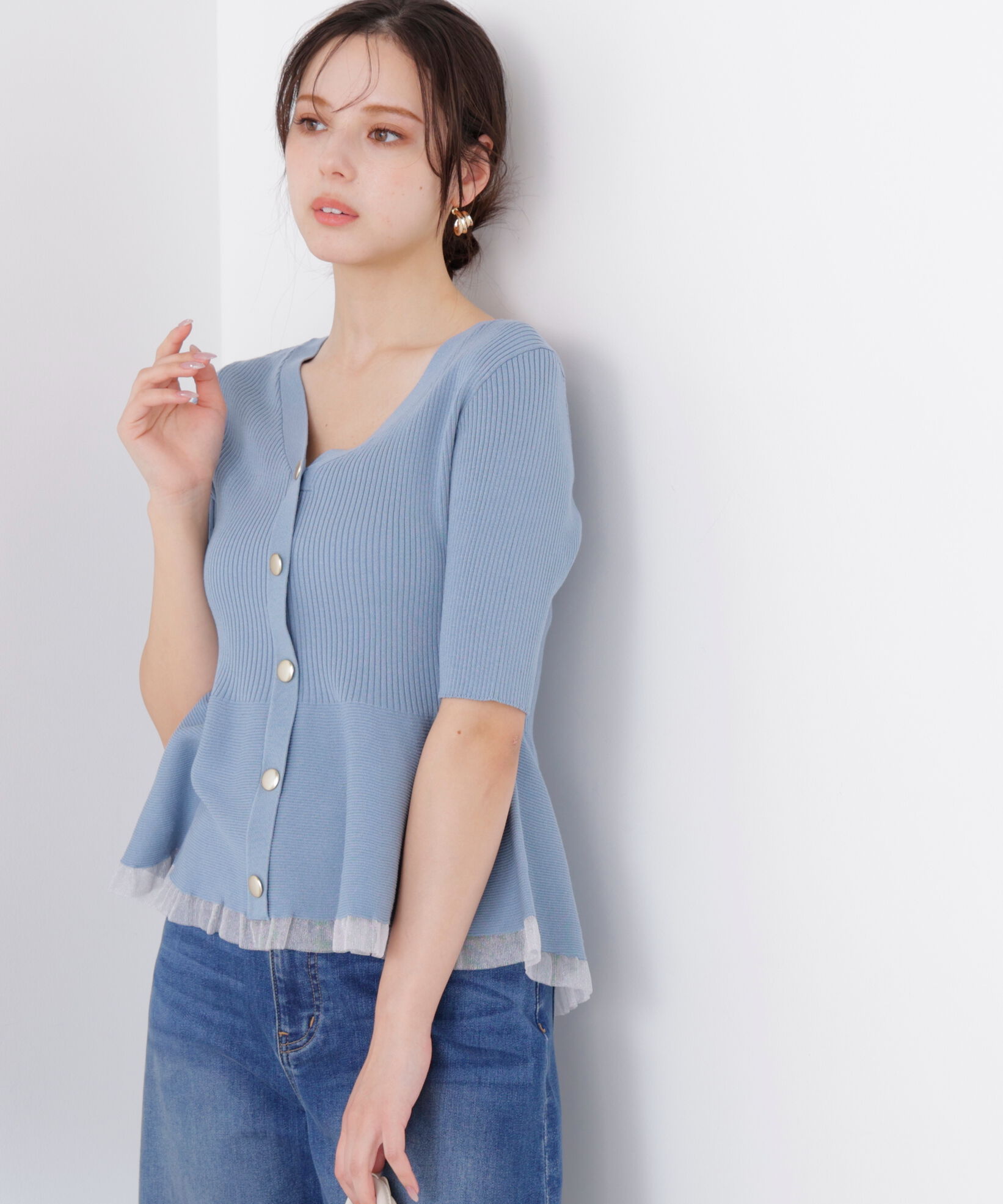 PROPORTION BODY DRESSING「部分シアーペプラムニット　26SS」|ニット・セーター|ブルー