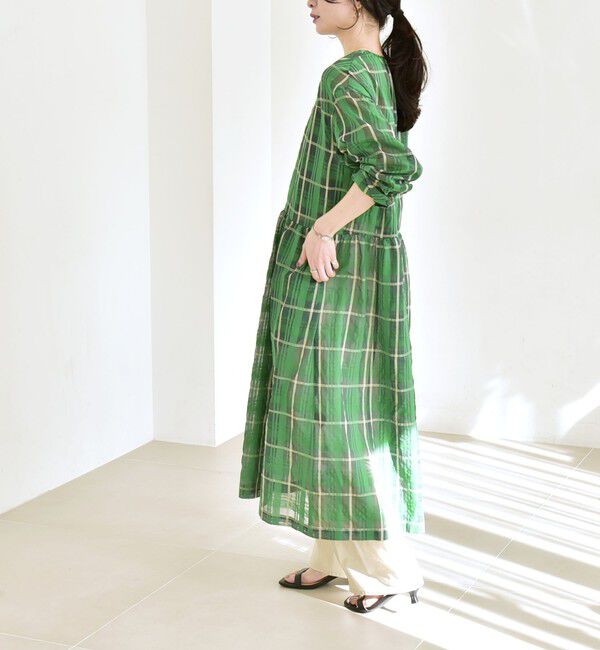 quaranciel「quaranciel:〈手洗い可能〉シアー チェック クルーネック ギャザー ワンピース」|ワンピース|