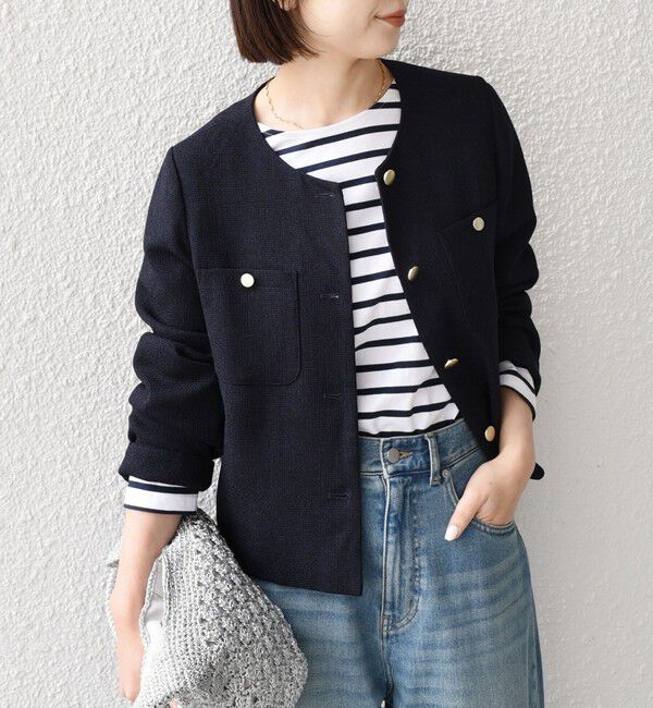 SHIPS Colors 「SHIPS Colors:〈手洗い可能〉ツイードライク クロップド ジャケット 3◇」|ノーカラージャケット|ネイビー