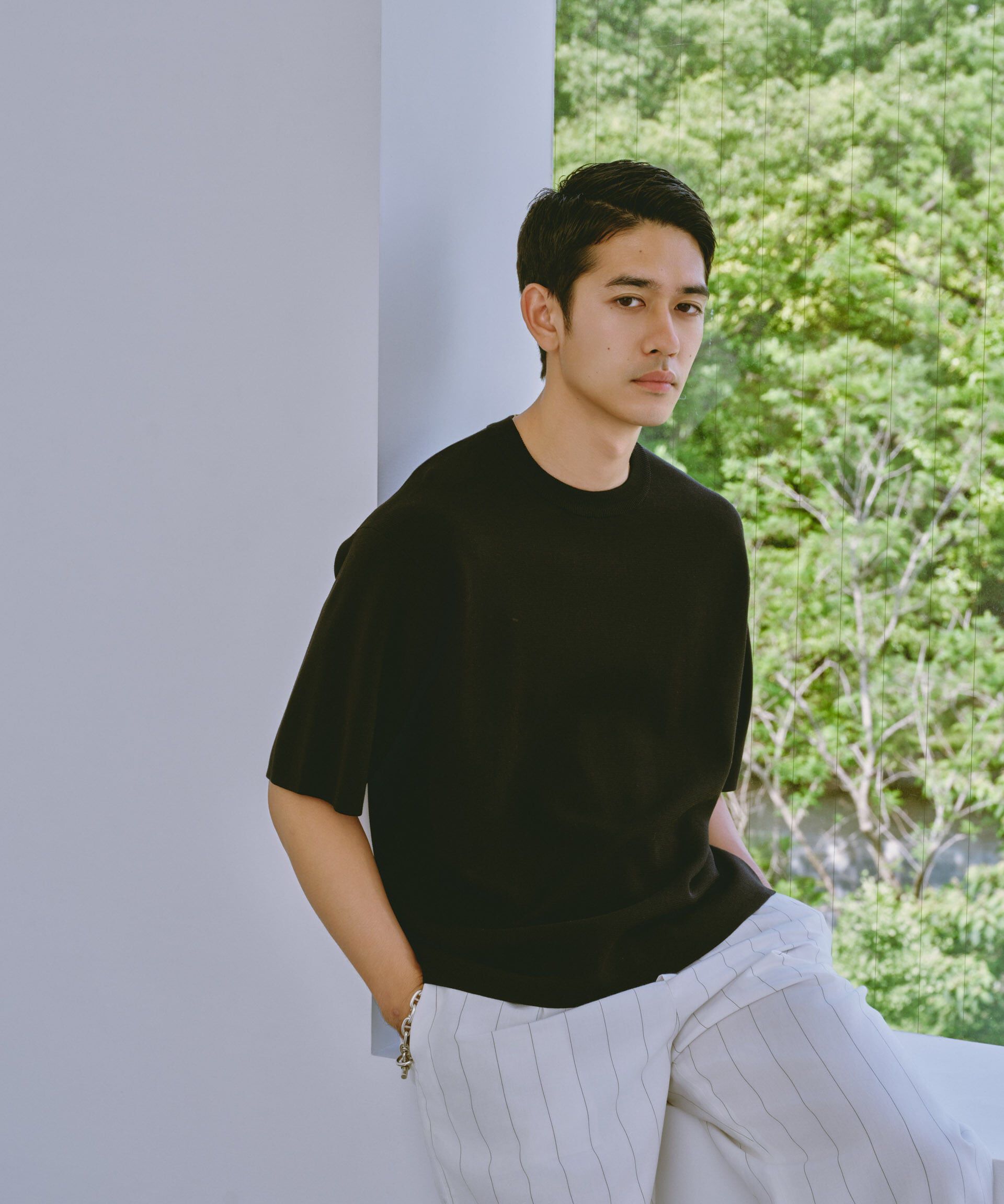 nano･universe「14ゲージミラノリブニット クルーネック 半袖(手洗い可能)」|ニット・セーター|