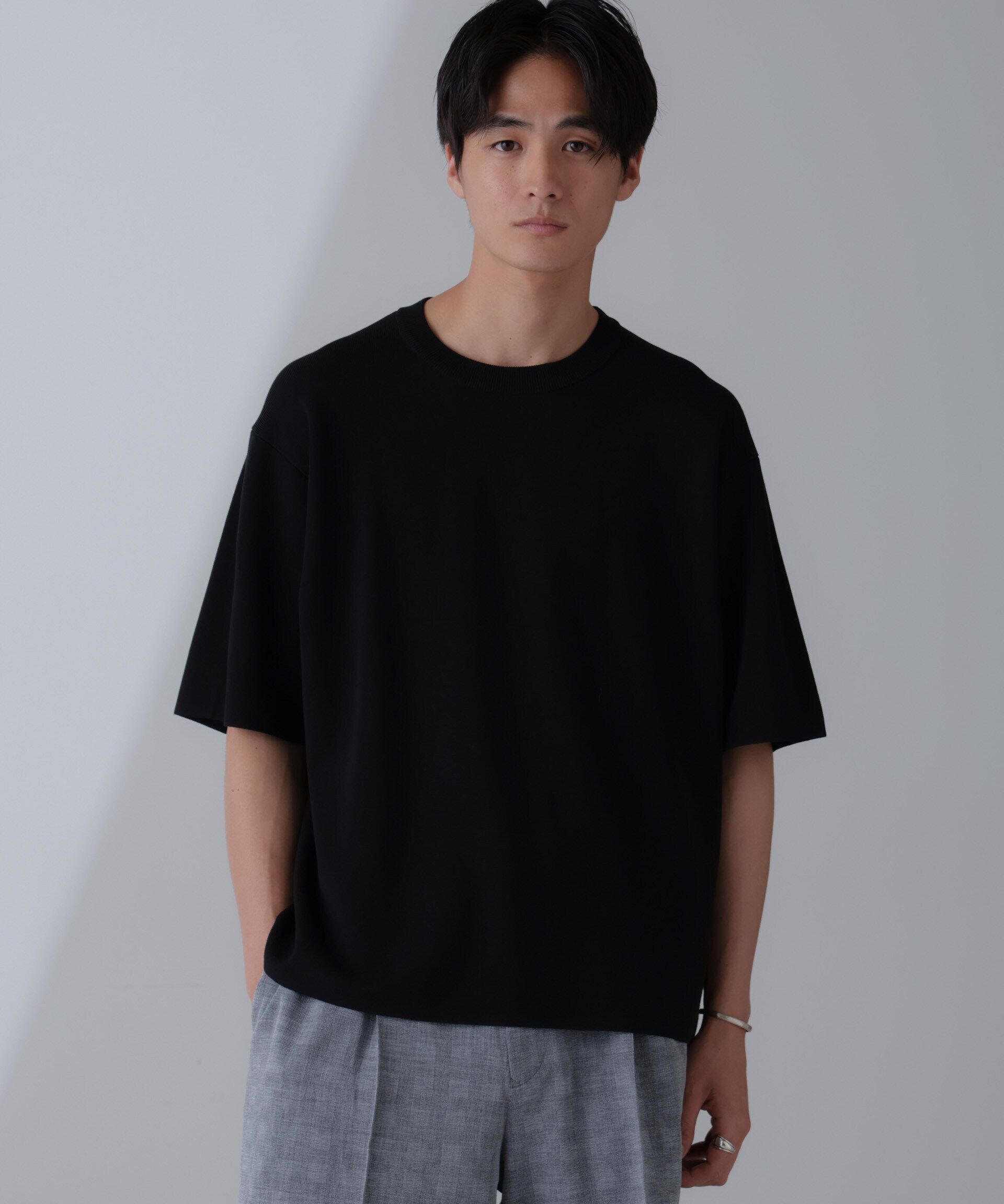 nano･universe「14ゲージミラノリブニット クルーネック 半袖(手洗い可能)」|ニット・セーター|