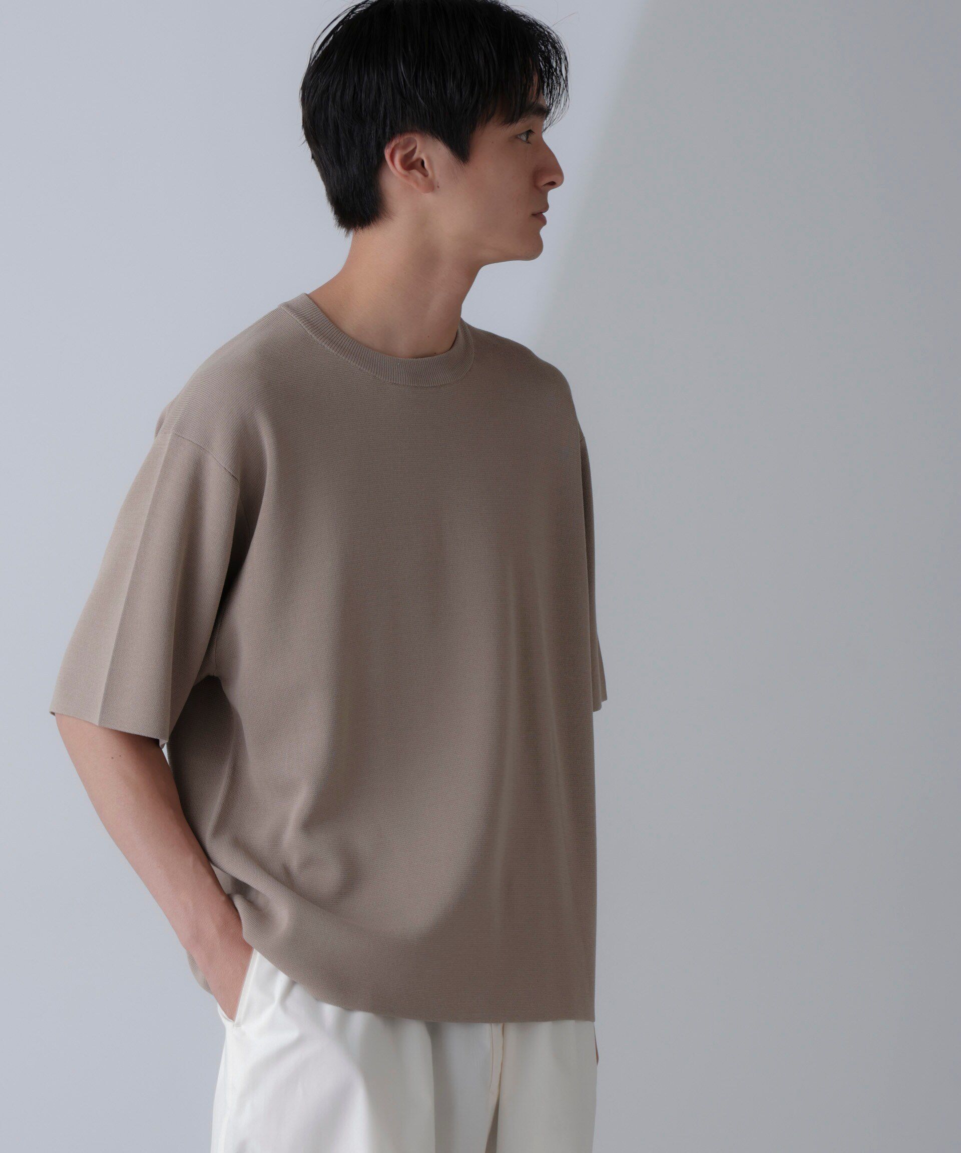 nano･universe「14ゲージミラノリブニット クルーネック 半袖(手洗い可能)」|ニット・セーター|