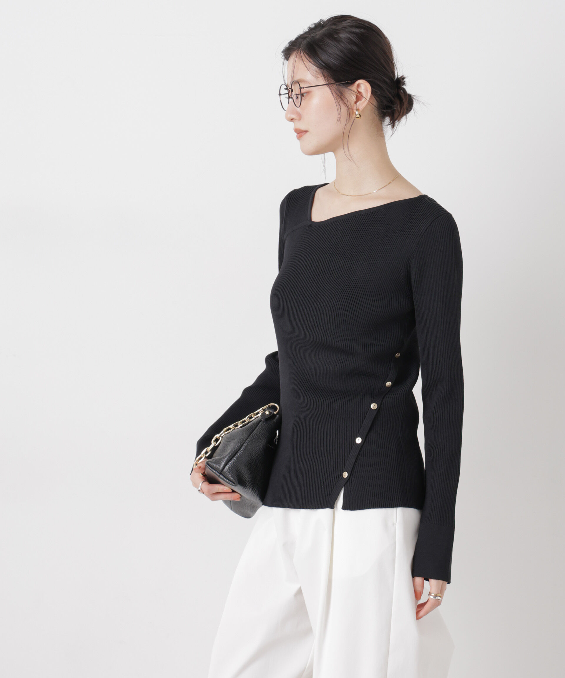 nano･universe「洗濯機洗可アシンメトリーネックデザインリブニット」|ニット・セーター|ブラック