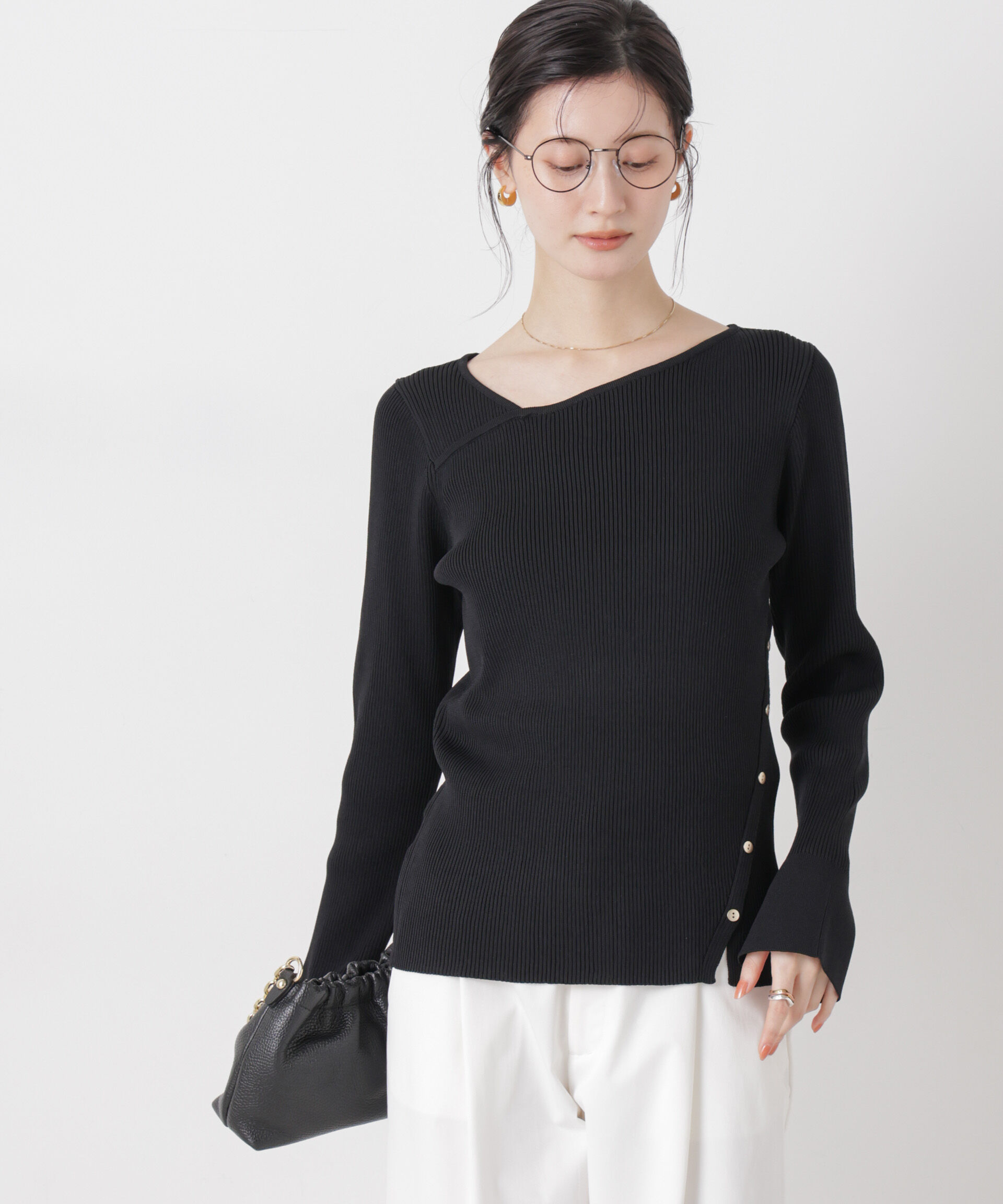 nano･universe「洗濯機洗可アシンメトリーネックデザインリブニット」|ニット・セーター|