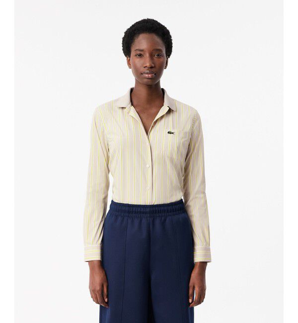 LACOSTE「リブニットカラーポプリンシャツ / ストライプシャツ」|シャツ・ブラウス|アイボリー