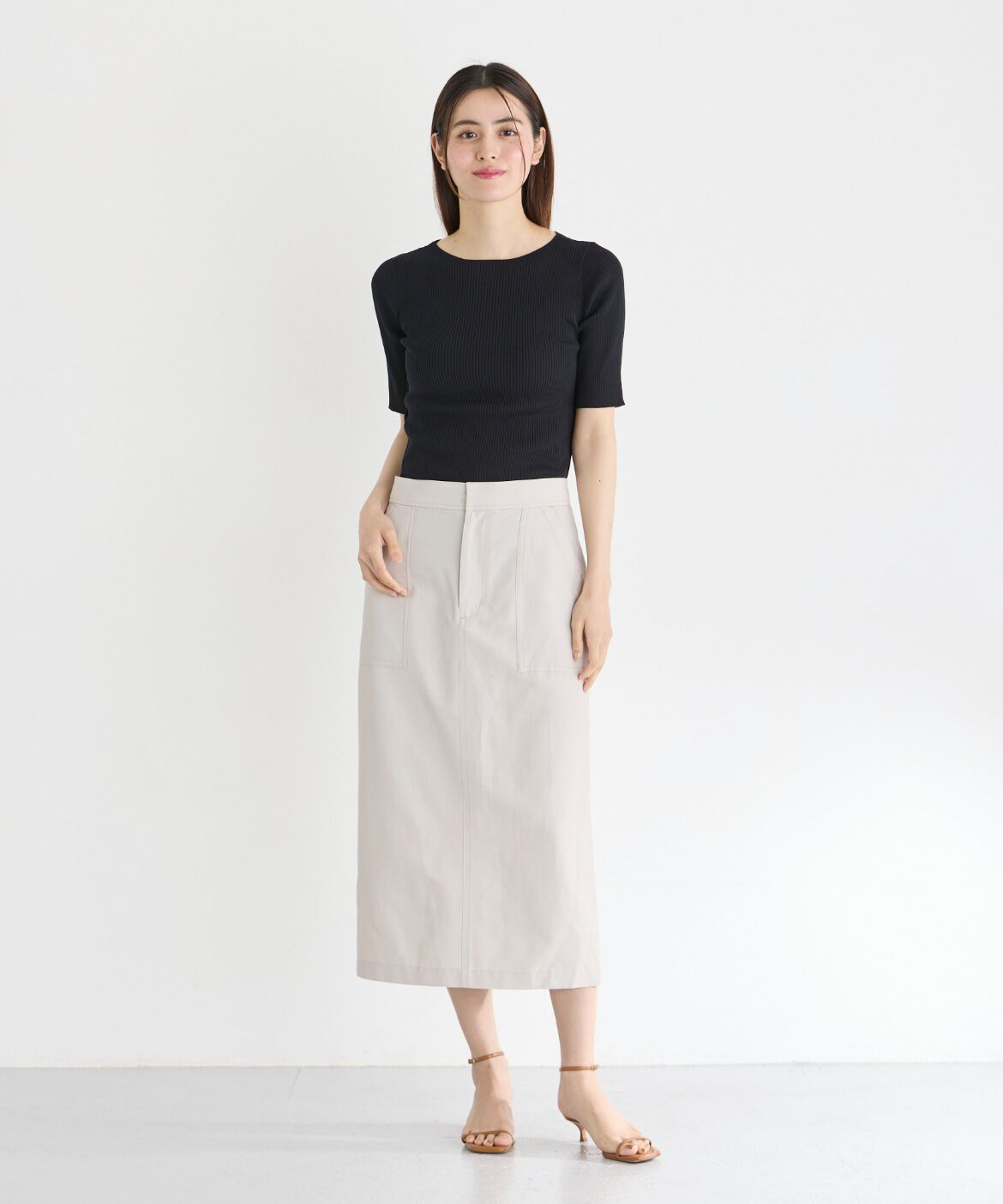 INED「《大きいサイズ》半袖リブニット」|ニット・セーター|