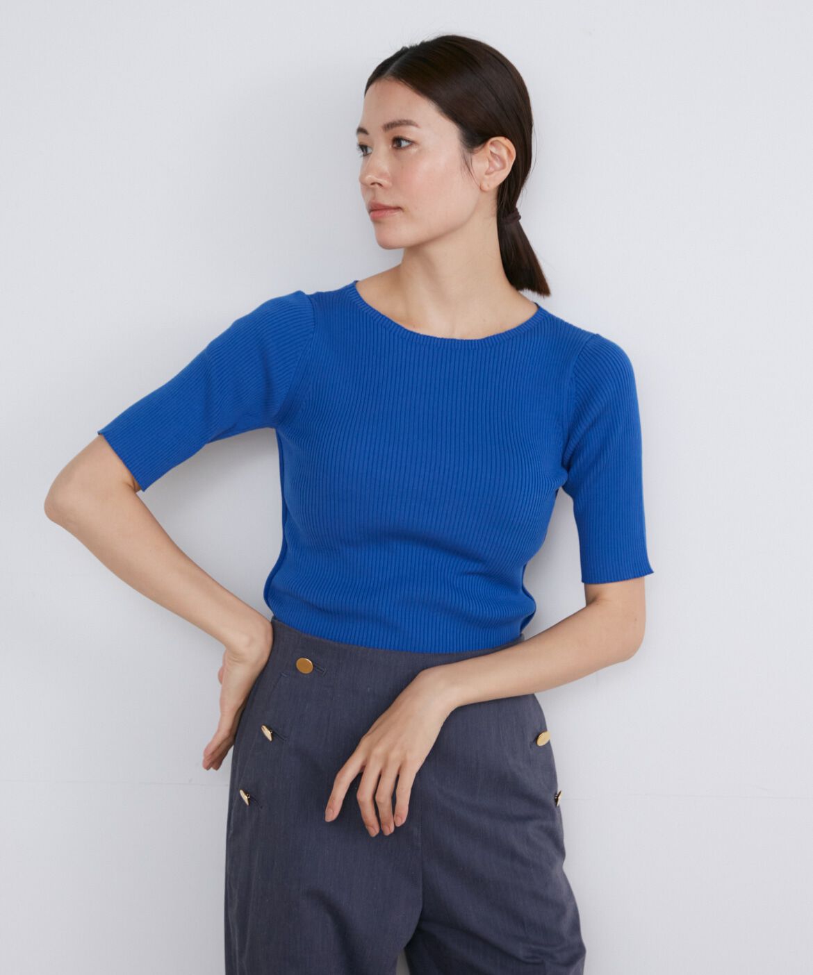 INED「《大きいサイズ》半袖リブニット」|ニット・セーター|