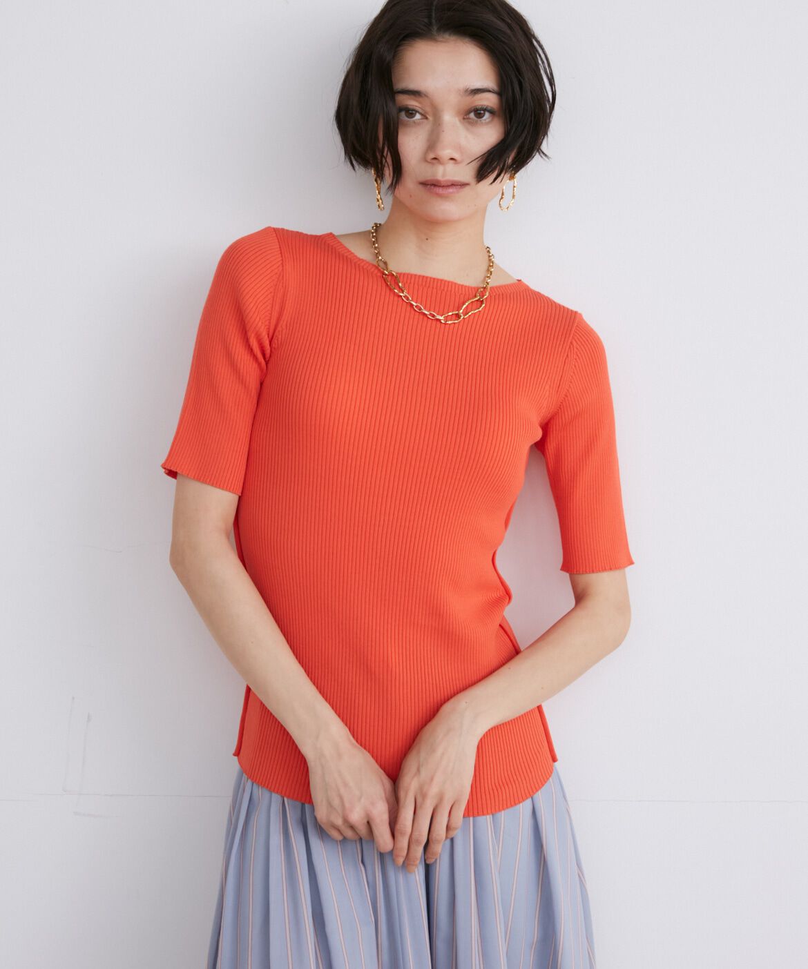 INED「《大きいサイズ》半袖リブニット」|ニット・セーター|