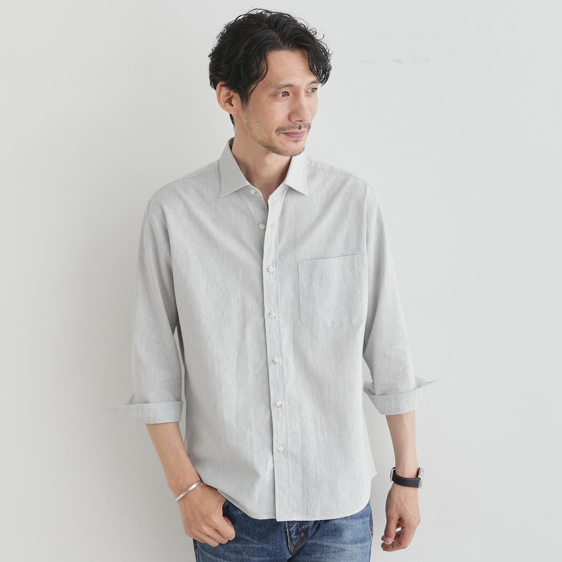 TAKEO KIKUCHI「ハイブリッド リネン 7分袖 シャツ」|シャツ・ブラウス|ライトグレー(011