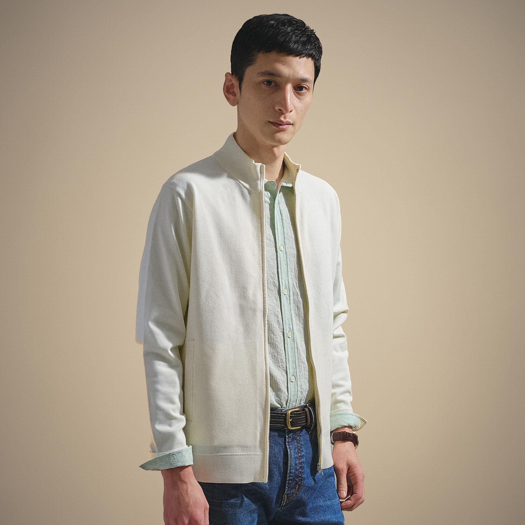 TAKEO KIKUCHI「ジップアップ 鹿の子 ニット」|ニット・セーター|オフホワイト(003