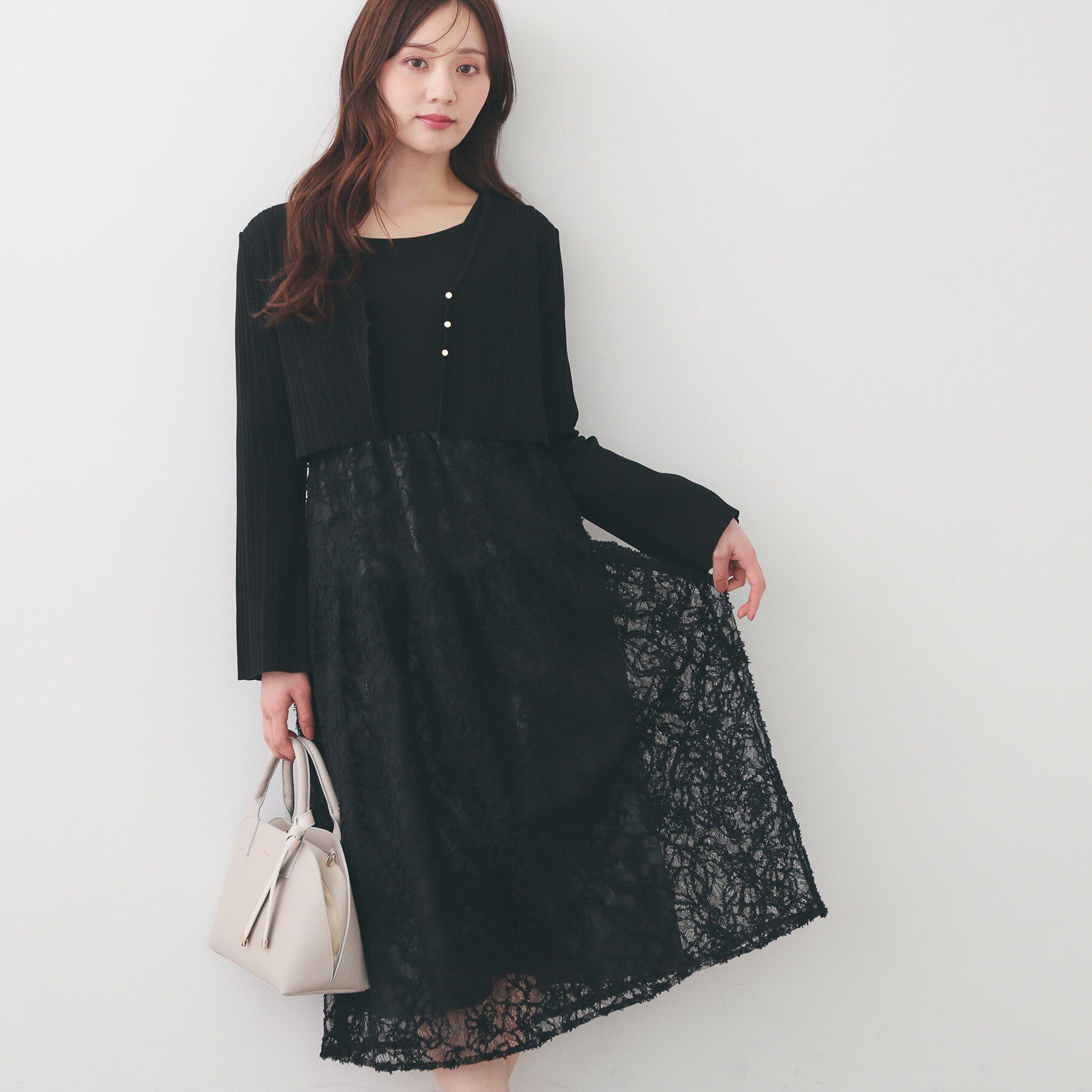 index「カーディガンセット ドッキングニットワンピース【洗濯機OK】」|スーツ|ブラック(019)